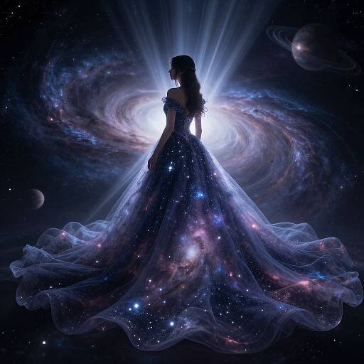 Silhouetted woman in a galaxy-themed, starry ball gown stands against a radiant, spiral galaxy backdrop, with cosmic lights and planets. Digital