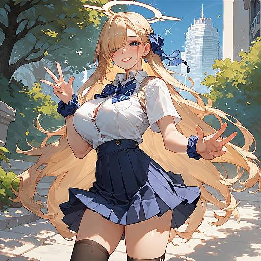 Anime Girl in School Uniform with Halo Outdoors