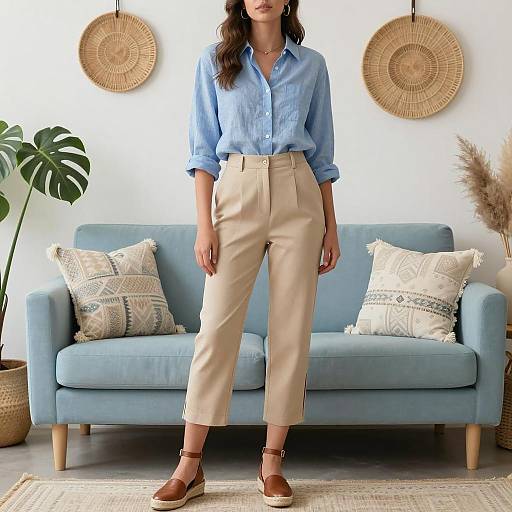 Woman in Blue Linen Shirt and Beige Culottes