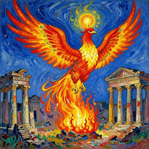 Fauvist Phoenix Rising Over Ancient Ruins