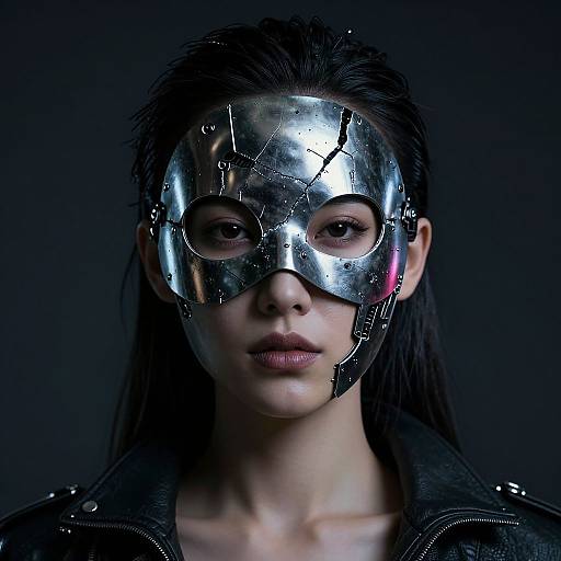 Photograph of a woman with dark hair, wearing a cracked, reflective silver mask and black leather jacket, against a dark background.