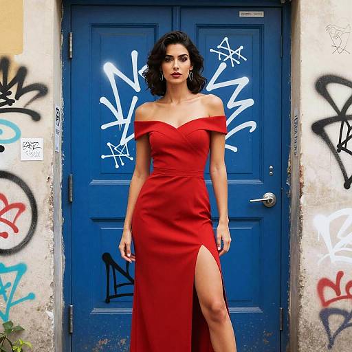 Photograph of a dark-haired woman in an off-shoulder red dress with a thigh-high slit, standing in front of a blue graffiti-covered door