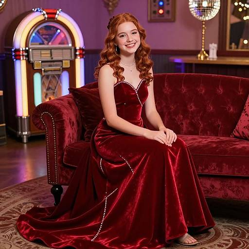 Photograph of a smiling red-haired woman in a deep red velvet gown, sitting on a plush red sofa in a luxurious, dimly lit room with