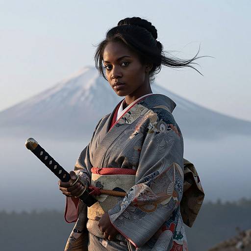 Photograph of a serious Black woman in a traditional Japanese kimono holding a katana, with a snow-capped mountain in the background.