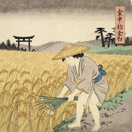 Traditional Japanese woodblock print of a farmer in a straw hat and kimono harvesting rice in a golden field, with mountains and torii gates in the