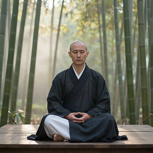 Monk Meditating in Misty Bamboo Forest