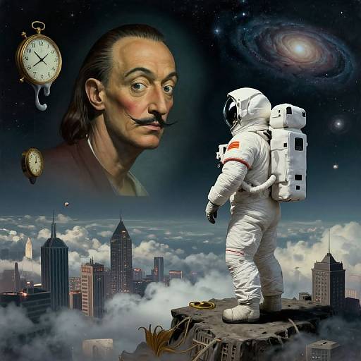 Digital artwork: Astronaut in white space suit stands on rooftop, facing giant portrait of Albert Einstein, clock, and galaxy in the night sky above a
