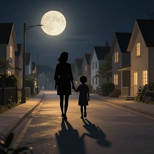 Silhouetted woman and child holding hands walk down a moonlit suburban street, illuminated by a streetlamp and full moon.