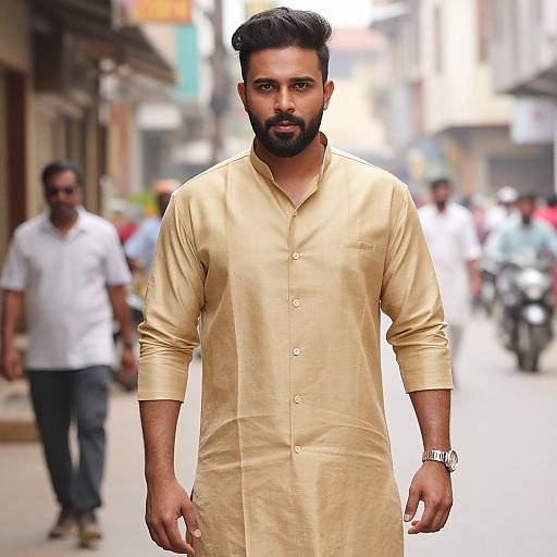 Photograph of a bearded man with dark hair, wearing a golden traditional kurta, standing in a busy urban street with blurred pedestrians in the background