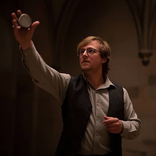 Photograph of a bespectacled man with brown hair, wearing a grey shirt and black vest, holding a coin in a dimly lit,
