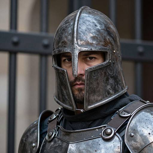 Photograph of a serious-faced male knight in worn, silver armor with a metal helmet, standing in front of black barred windows.