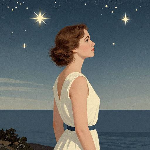 Vintage-style illustration of a fair-skinned woman in a white dress, gazing at a starry night sky over the ocean.