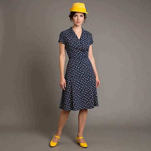 Photograph of a woman wearing a navy blue, short-sleeve, floral dress, yellow bucket hat, and yellow Mary Jane shoes, standing against
