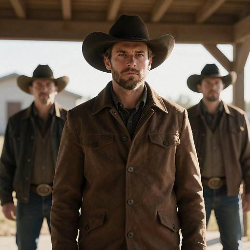 Serious Cowboy with Companions on Porch