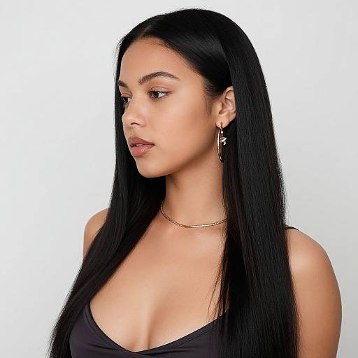 Photograph of a young woman with long, straight black hair, light brown skin, wearing a black strap top, gold necklace, and star-shaped earrings