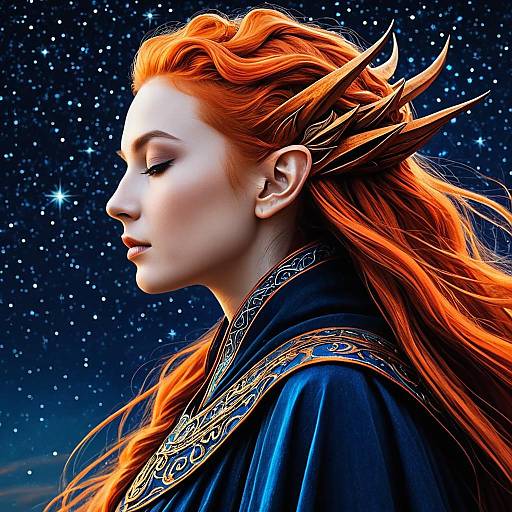 Elven Queen with Fiery Hair and Starry Night Background