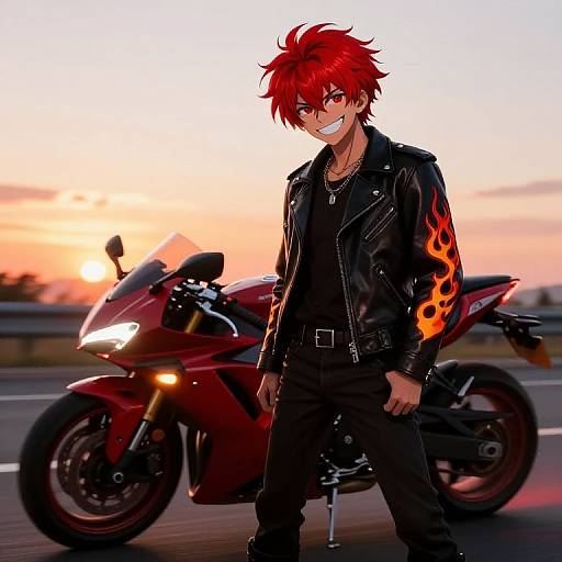 Anime-style digital artwork of a red-haired, grinning young man in a black leather jacket with flame designs, standing beside a red sports motorcycle at sunset
