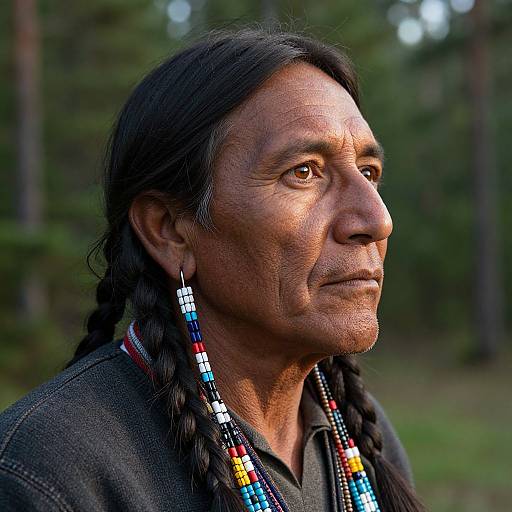 Photograph of a Native American man with long black braids, wearing colorful beaded necklaces, dark jacket, looking into the distance in a forest