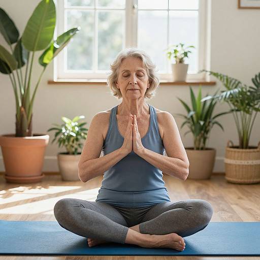 Photograph of an elderly woman with short gray hair, wearing a blue tank top and gray pants, meditating in lotus position on a blue yoga