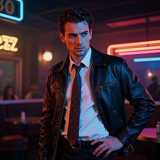 Photograph of a handsome, intense-looking man with short dark hair, wearing a black leather jacket, white shirt, and black tie, standing in a