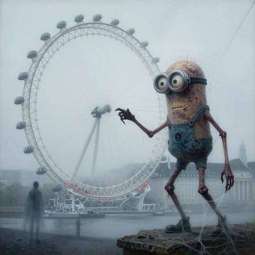 Digital artwork of a creepy, cartoonish, giant-eyed creature with ragged clothes, pointing at a foggy London Eye Ferris wheel.