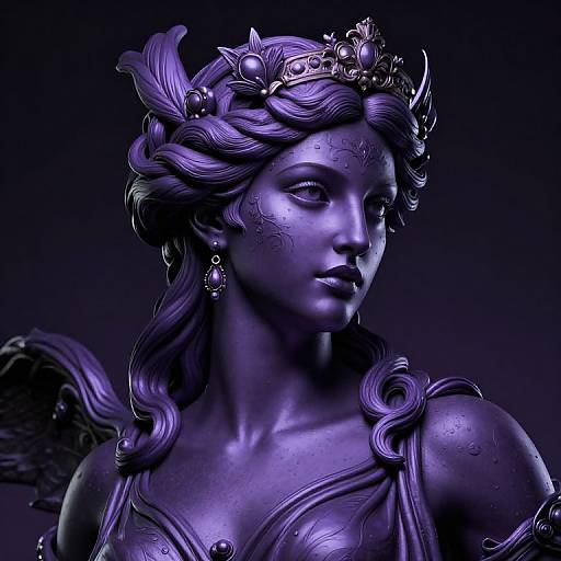 Digital artwork of a purple-hued, winged, classical-style goddess with intricate headpiece, wavy hair, detailed earrings, and serene expression.