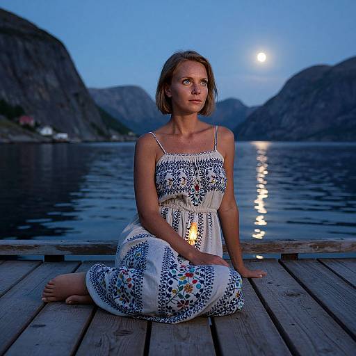 Photograph of a blonde woman in a white, blue-patterned sundress, kneeling on a wooden dock at twilight, with mountains and moonlit water