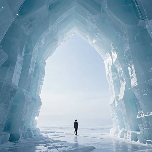 Photograph of a solitary figure standing in an enormous, glowing, icy cave with towering, translucent blue ice arches framing a bright, white light at