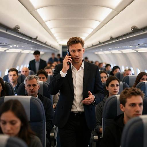 Busy Airplane Aisle with Central Figure