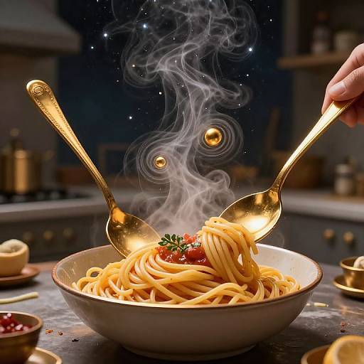 Surreal Cosmic Kitchen with Golden Spoons
