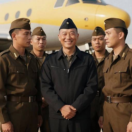 Military Men Standing Proudly by Airplane