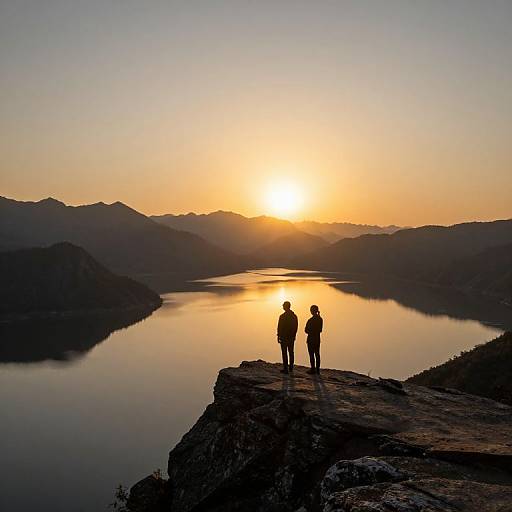Sunset Silhouettes Over Tranquil Lake