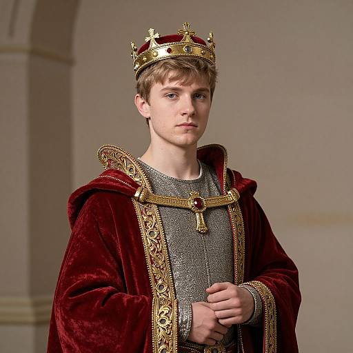 Photograph of a young, fair-skinned, light-brown-haired boy wearing a gold and red velvet crown, and a matching ornate robe over