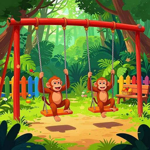 Colorful digital illustration of two happy monkeys swinging on red swings in a vibrant jungle playground with lush greenery and colorful picket fence.