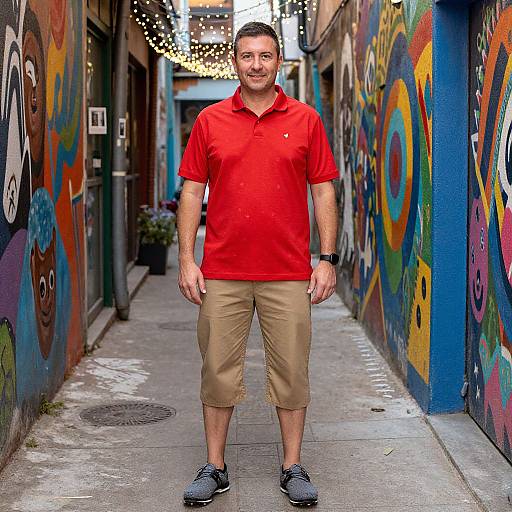 Photograph of a smiling man in a red polo and beige capri pants standing in a colorful, graffiti-covered alleyway.
