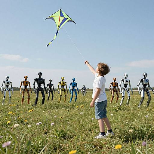 Photograph of a curly-haired boy in a white shirt and denim shorts flying a yellow and black kite, surrounded by colorful robotic figures in a sunny,