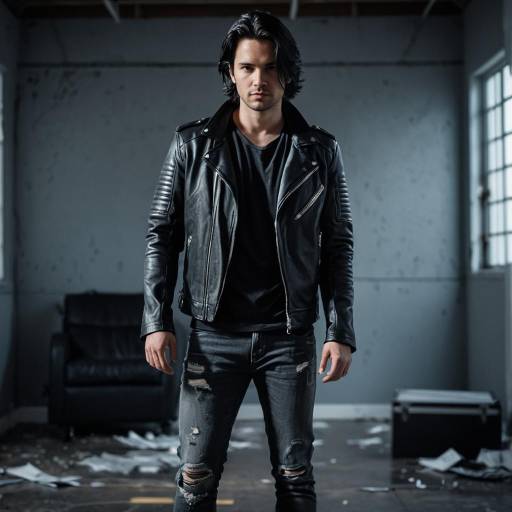 Male Model in Black Leather Jacket and Ripped Jeans
