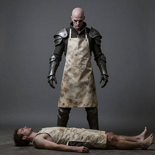 Photograph of bald, armored warrior in stained apron standing over lifeless, shirtless man in similar apron, on dark gray background.