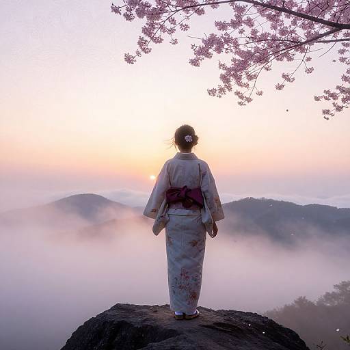 Photograph of a woman in a white kimono with a purple obi, standing on a rock, facing a misty sunrise over mountains. Cherry