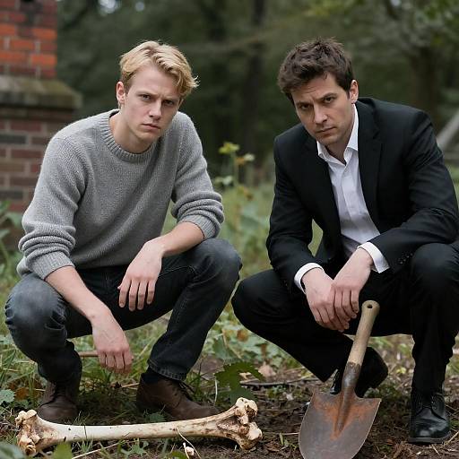 Two Men Crouching with Bones and Shovel Outdoors