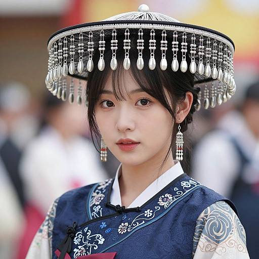 Photograph of an Asian woman with fair skin, black hair, and red lips wearing a traditional blue hanbok with white floral embroidery and a silver