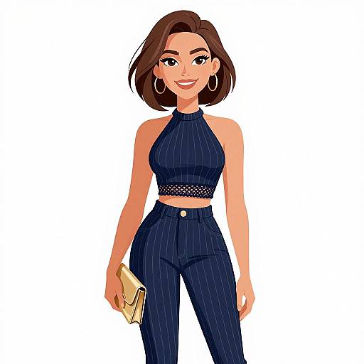 Stylish Woman in Navy Pinstripe Outfit with Gold Clutch