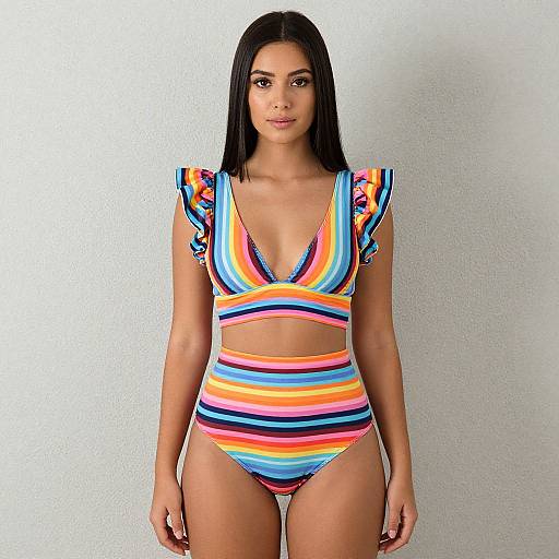 Photograph of a young woman with straight black hair, wearing a vibrant, rainbow-striped, two-piece bikini with ruffled shoulders, standing against a plain