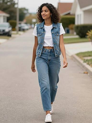 Young Woman in Denim Vest and Jeans Walking on Suburban Street
