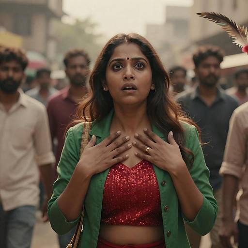 Surprised Indian Woman in City Crowd