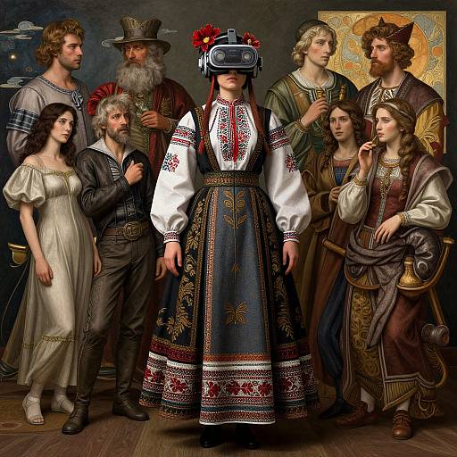 Renaissance-style painting of a central woman in traditional Eastern European dress, surrounded by six men and women in period attire.