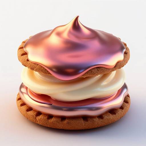 Photorealistic CGI of a layered dessert with pink and white swirled topping on a brown, lattice-patterned cookie, against a white background.