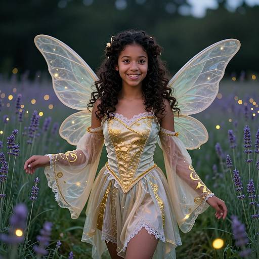 Photograph of a smiling young Black girl with curly hair, fairy wings, and a gold-embellished white dress, standing in a lavender field