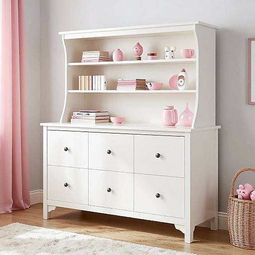 Photograph of a white, vintage-style dresser with shelves, adorned with pink ceramic decor, books, and a wicker basket on wooden floor. Pink