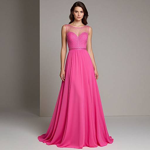 Photograph of a woman with dark hair wearing a bright pink, sleeveless, floor-length gown with a lace-embellished bodice, standing